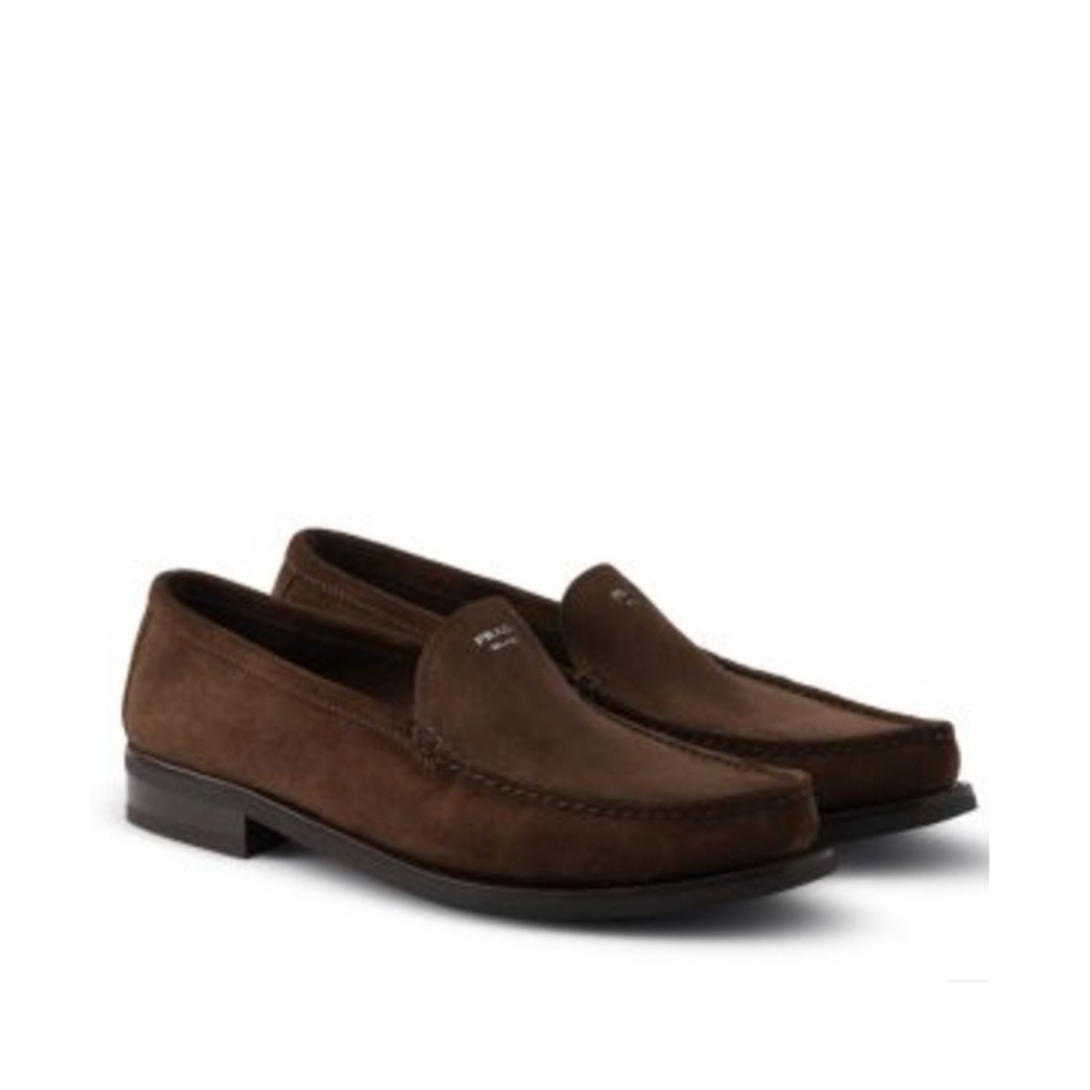 Prada Milano Mens Suede Loafers Ebony Brown Moc Toe Slip On Shoes 2DE127